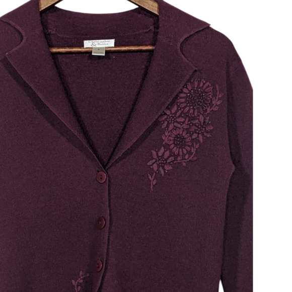 Christopher & Banks Y2K 100% Wool Embroidered Blazer Cardigan Burgundy Small - Picture 3 of 9